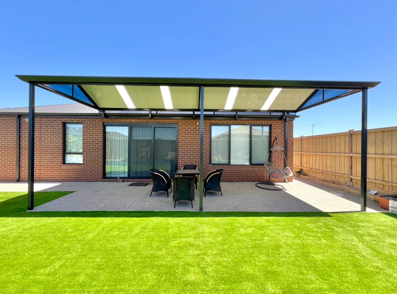 Modern backyard pergola with hanging chair