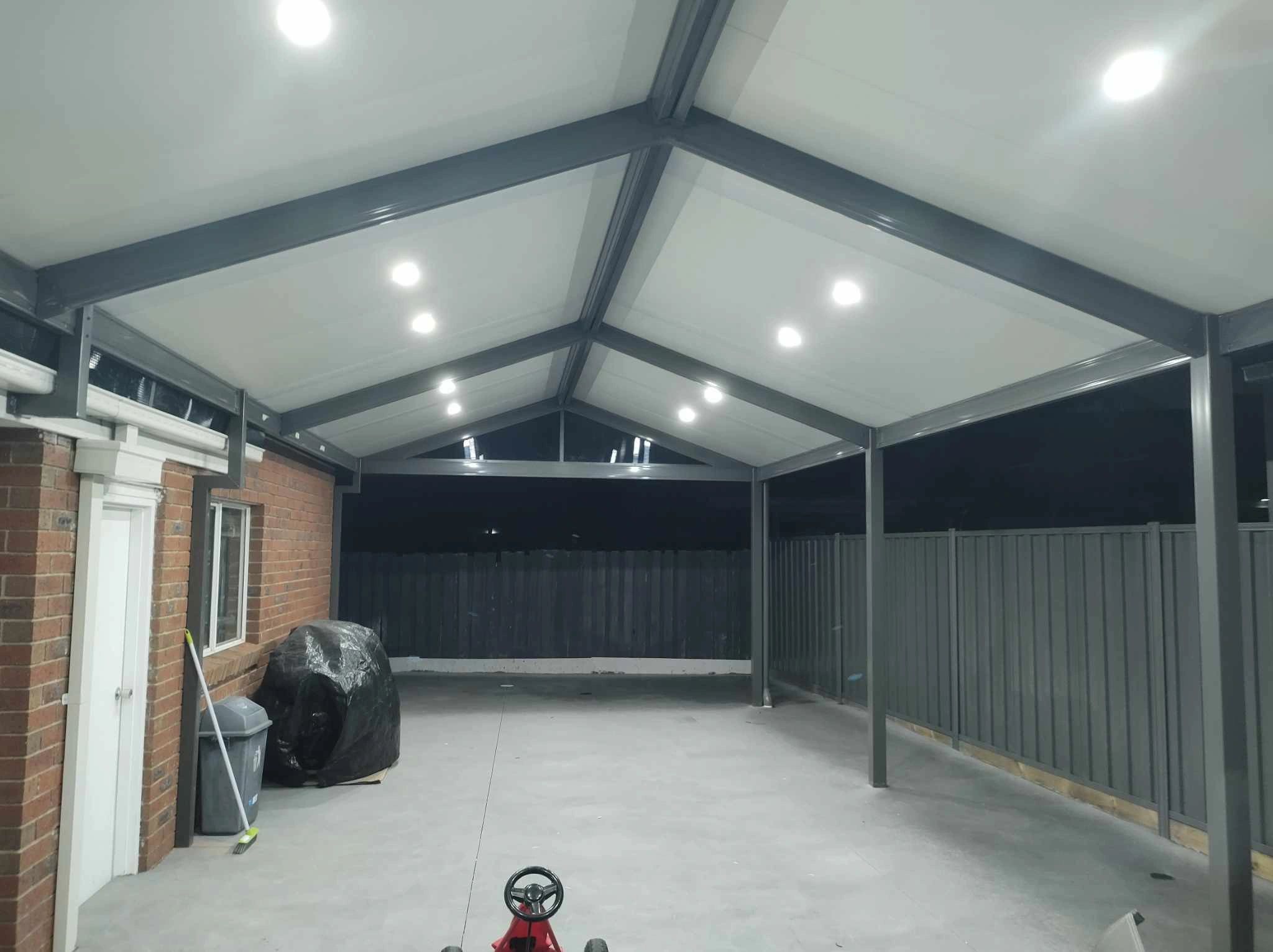 Insulated patio gabled roof with LED lighting